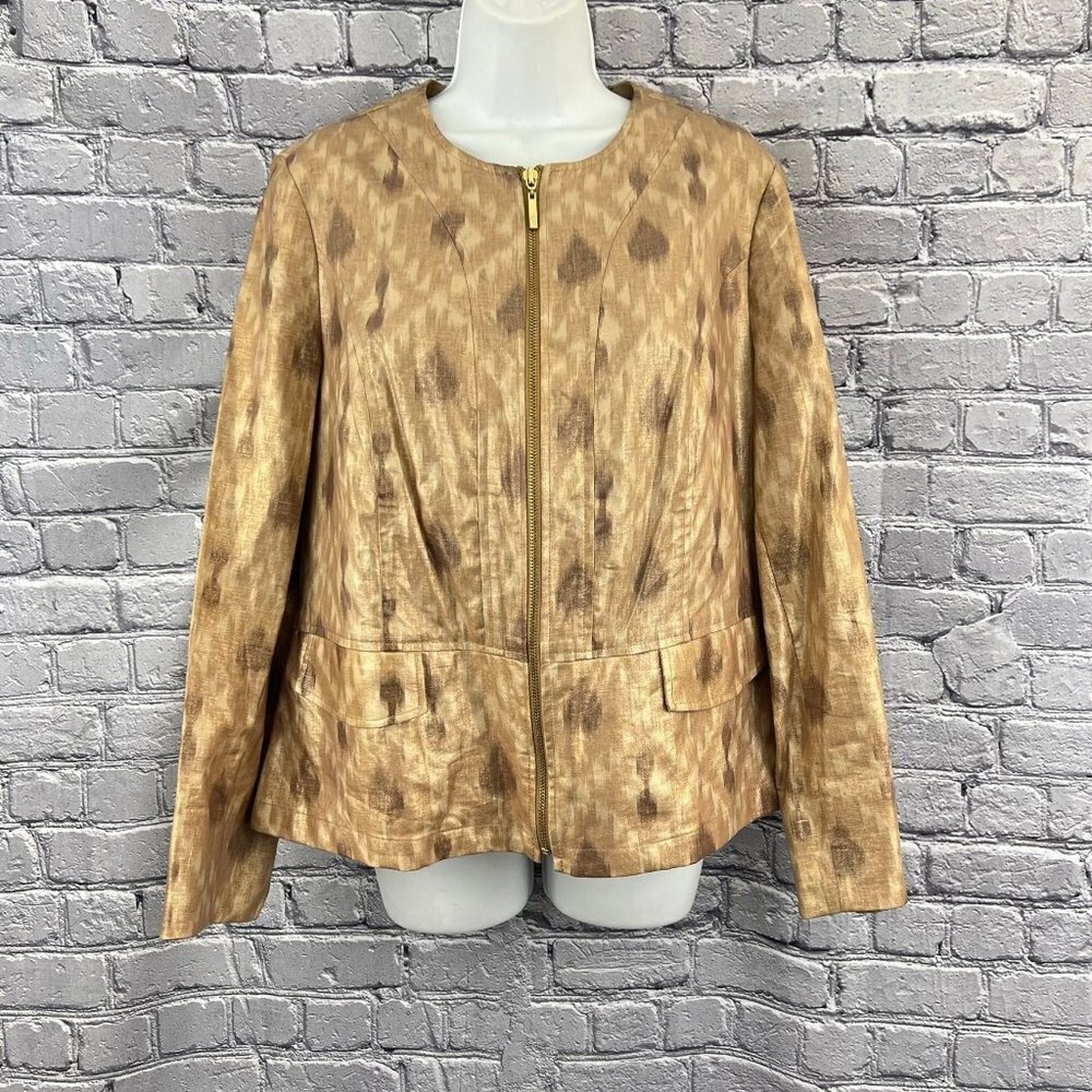 Chico's Size 1 M 8 Gold Collarless‎ Zip Front Jacket Linen Cotton Blend